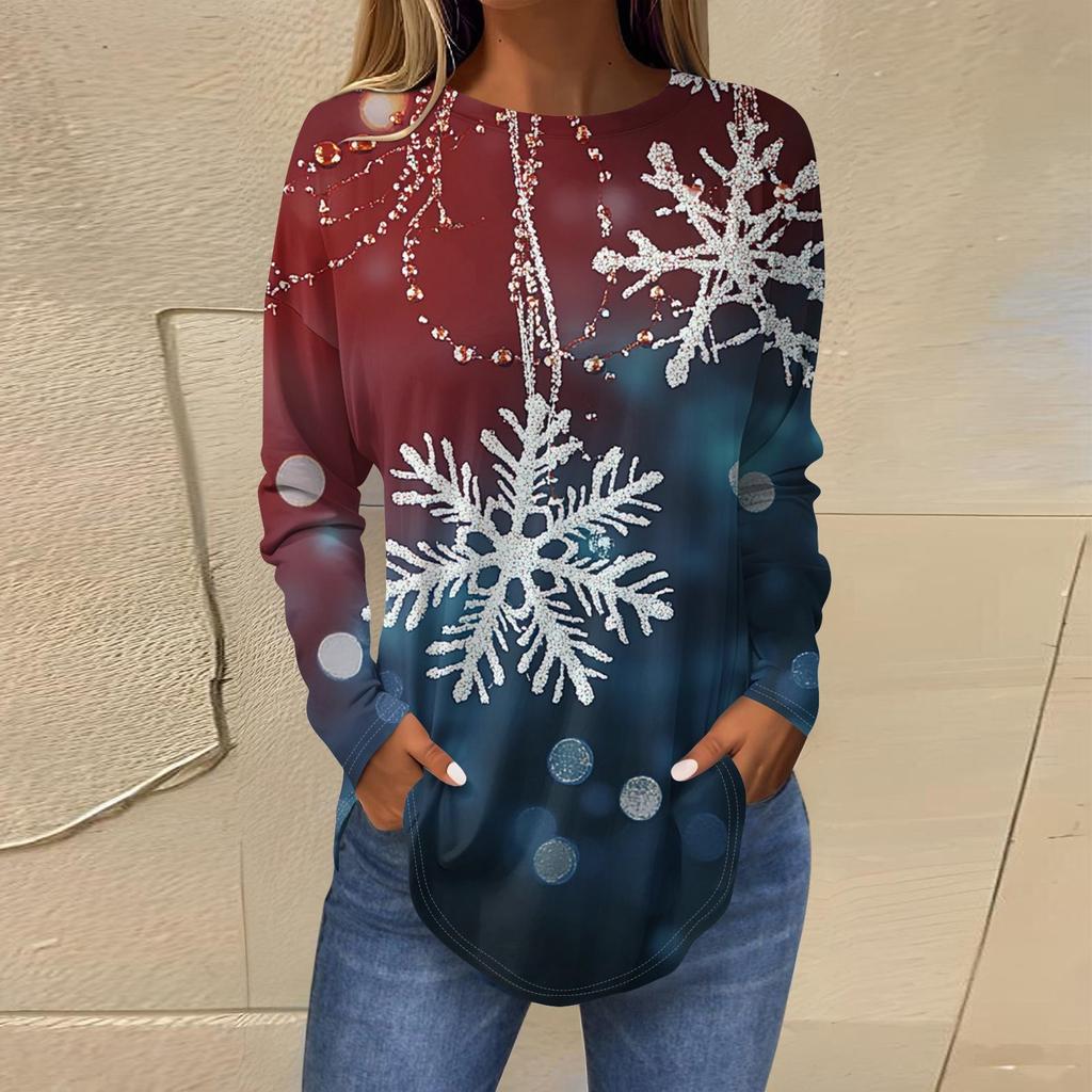 Женская свободная футболка с круглым вырезом и длинными рукавами с принтом в стиле ретро, пуловер на Рождество