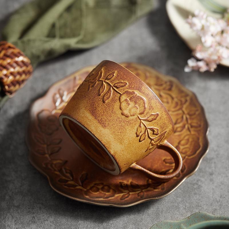 Японские креативные керамические кофейные чашки и блюдца, ретро кофейные чашки, чашки для черного чая, кофейные чашки, блюдца, парные чашки, домашнее послеобеденное чаепитие