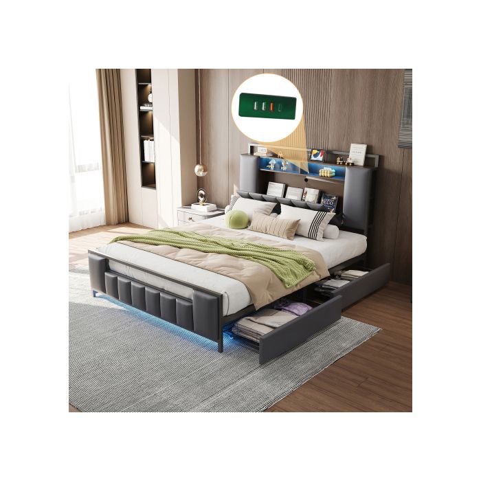 Lit rembourré - MUVOE - 160x200 cm - Éclairage LED - Prise USB - 4 tiroirs de rangement