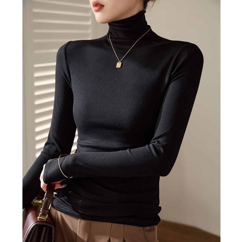Threaded Cotton High-neck Base Shirt for Women Long-sleeved T-shirt Autumn and Winter Clothes Slim Fit and Shoulder Top