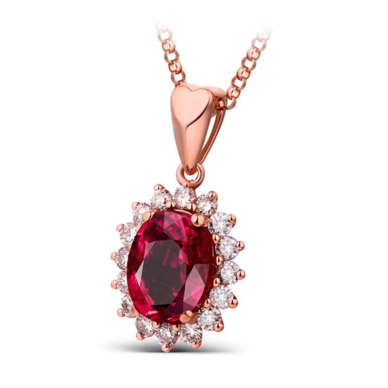 Sunflower Pendant Necklace with Pigeon Blood Ruby and Simulated 18K Gold Diamond On Rose Gold Clavicle Chain
