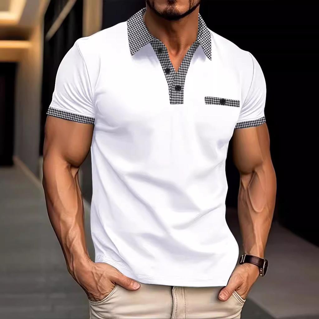 Летняя мужская повседневная рубашка-поло с коротким рукавом и лацканами из ситца с имитацией кармана