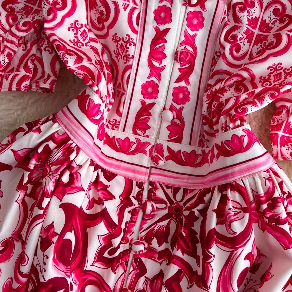 Летнее подиумное красно-синее фарфоровое вечернее платье, женские пляжные мини-платья с v-образным вырезом и расклешенными рукавами, оборками и пуговицами с цветочным принтом