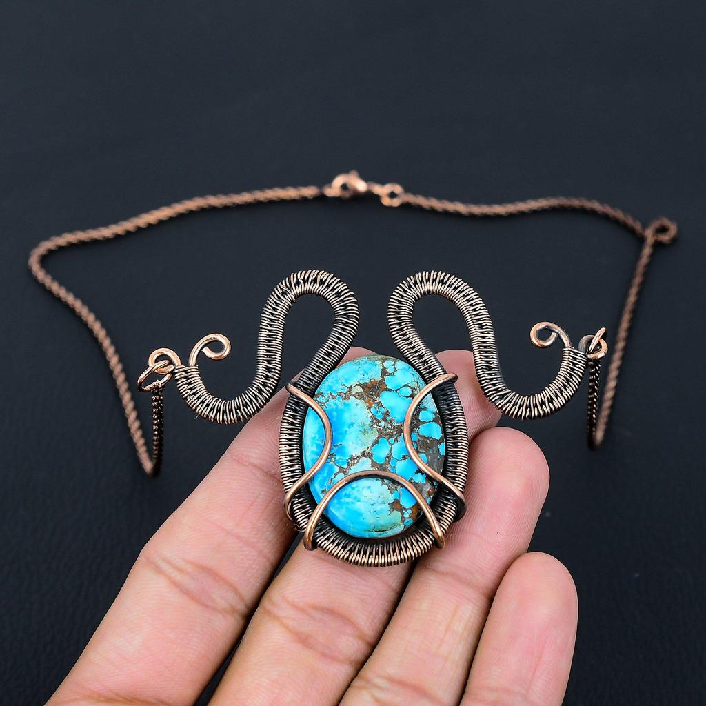 Beautiful Turquoise Gemstone Pure Copper Wire Wrapped Handmade Necklace Jewelry