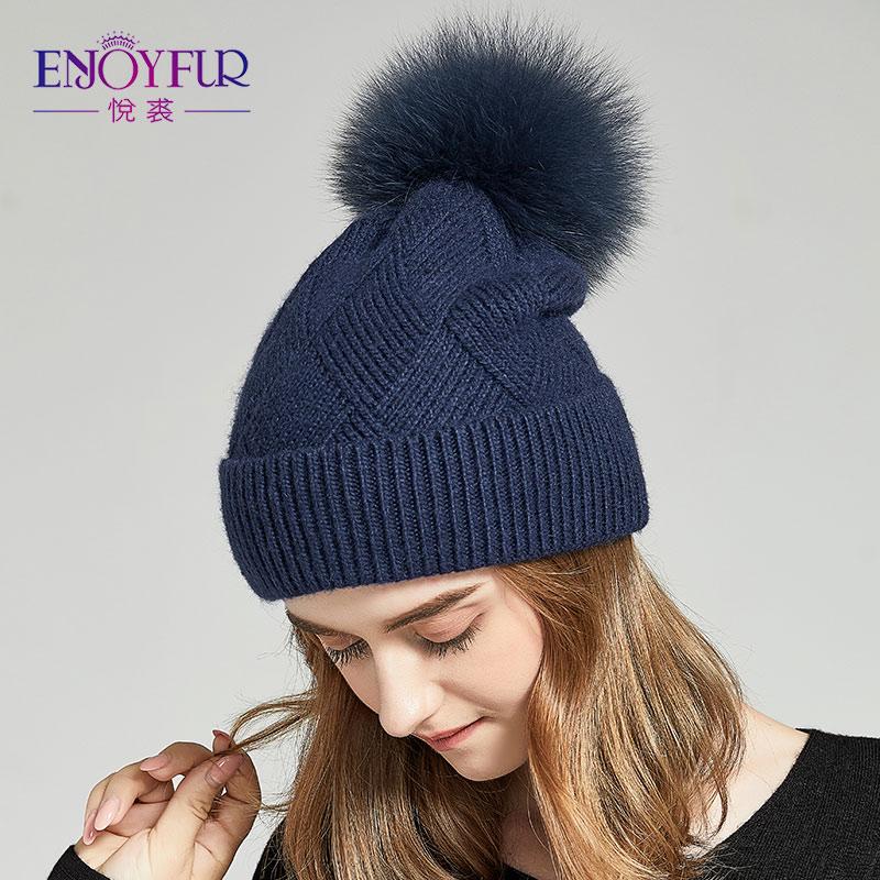 Мягкие зимние шапки ENJOYFUR для женщин, шапка с помпоном из натурального меха, теплые шерстяные шапки с напуском для женщин, модные женские шапки Skullies