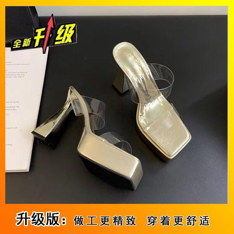 Waterproof table thick heel thick sole elegant and comfortable high heels in the summer of 2024 new popular transparent cool slippers outside