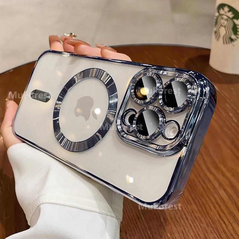 Luxury For Magsafe Magnetic For iPhone 16 15 14 13 12 11 Pro Max Plus Transparent Pink Soft Plating Lens Protection Case Cover