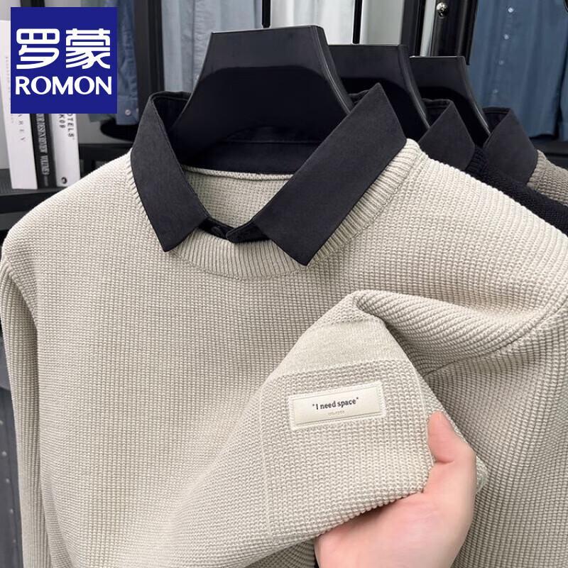 Romon Men's Faux Two-Piece Sweater with Shirt Collar