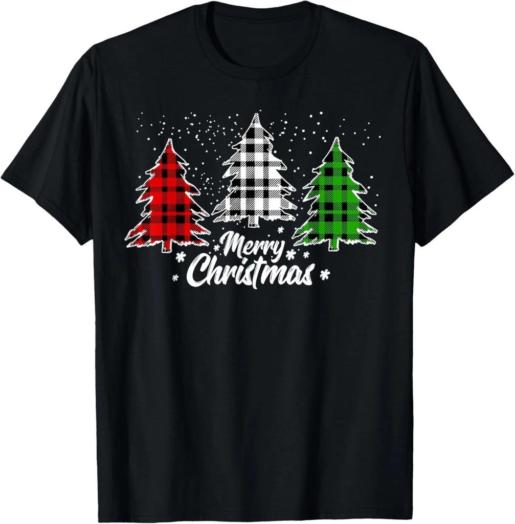Merry Christmas Tree Xmas Buffalo Plaid Red White Green T- Shirt