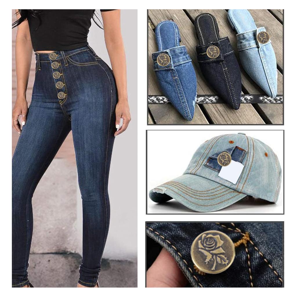 50 Set Pants Buttons No Sew Removable 17mm Rose Pattern Stainless Steel Antique Brass with 2x6.5mm P