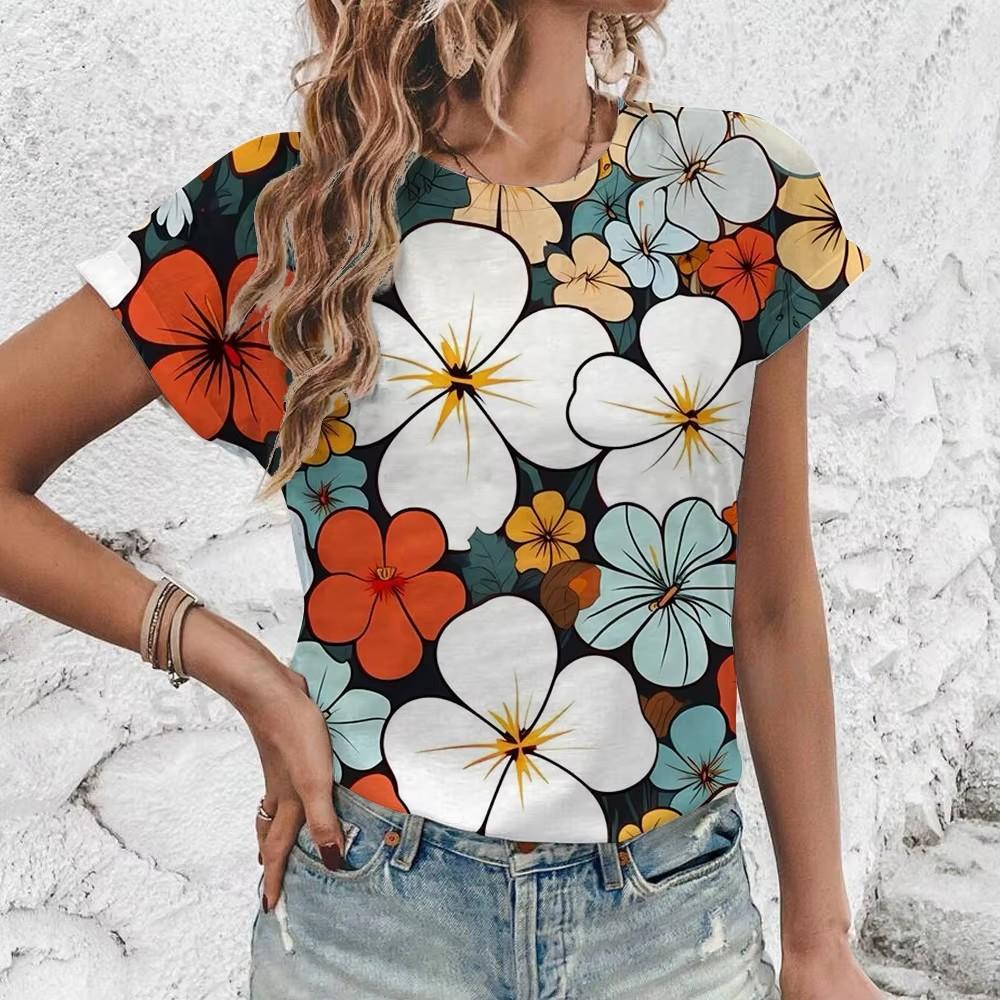 Women's T-Shirt Fashion Retro Floral Pattern Print T-Shirt Women's Leisure Short Sleeve T-Shirt Summer Oversized T-Shirt Tops