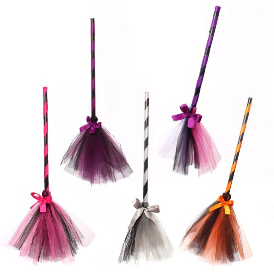Сетка Бант Декор Косплей Декоративный Хэллоуин Ведьма Метла Костюм Вечеринка Хэллоуин Пластиковая Метла Реквизит Вечеринка Принадлежности