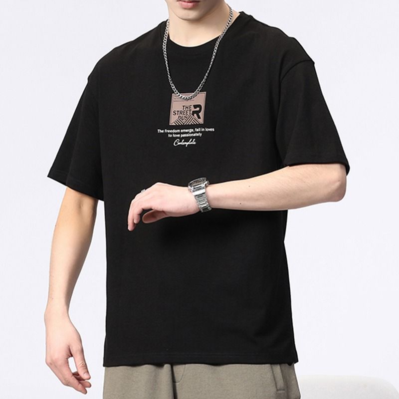 Men's Clothing Short Sleeve Generous Printing Simplicity Handsome Round Neck Pullovers Loose Solid Color Fashion Casual T-Shirts