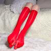 Silky Red Toe Socks with Five Fingers - Shiny Horse Oil Mid-Calf Stockings, 8D Glossy, Thin & Sexy for Summer