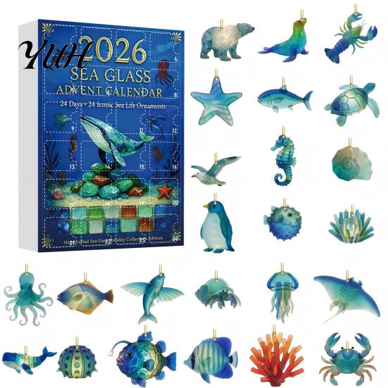 Home Decoration Accessories Sea Life Advent Calendar 2026, 2D Christmas Countdown Box with 24 Days Surprise Unboxing Ocean Animal Acrylic Pendants,