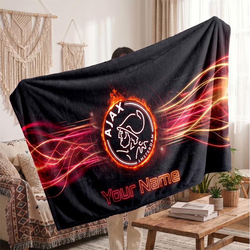 Ajax Amsterdam Personalized Fleece Blanket With Football Logo, Custom Name Text Soft Warm Home Throw Blanket