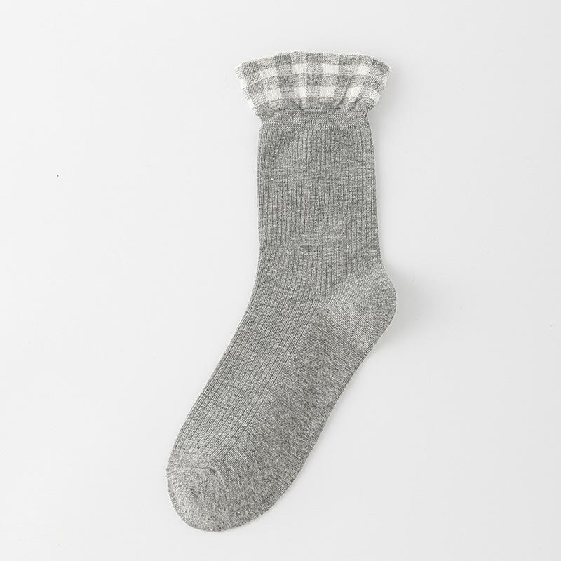 Ladies Spring and Autumn Assorted Plaid Curled Lace Pile In The Tube Cotton Socks