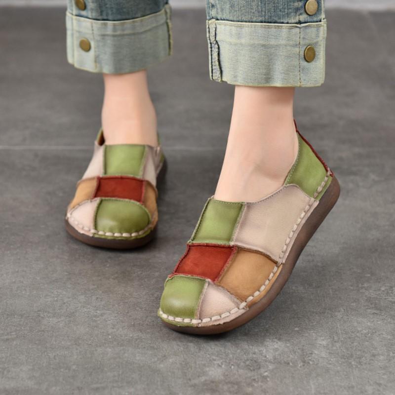 Johnature Ретро натуральная кожа смешанные цвета мягкая подошва слипоны универсальные круглый носок туфли на плоской подошве