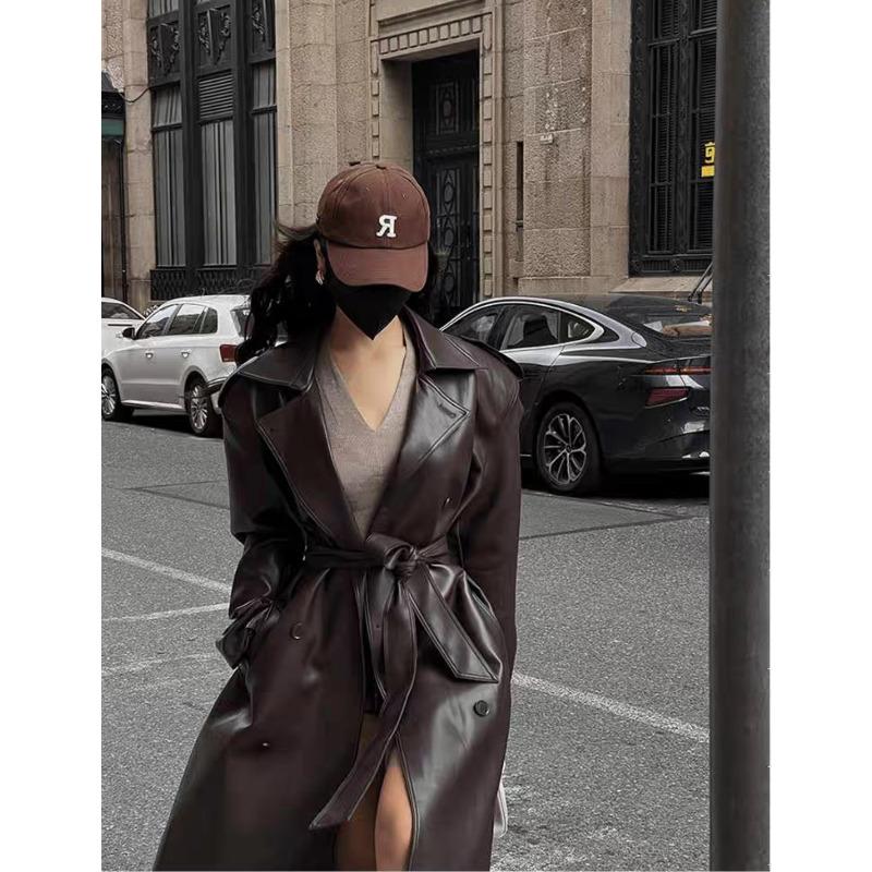 Черная коричневая ретро-куртка средней и длинной длины из кожи, женский новый свободный кожаный тренчкот