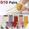 5/10 Pairs Women Color Blocked Mid Tube Socks Fashionable Striped Sports Style Soft Comfortable Breathable and Casual Socks