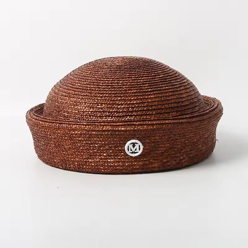 Ins Blogger Natural Straw Pillbox Hat Flat Berets Women HandWoven Sun Hat Summer Circle Concave Top Church Derby Party Beach Cap