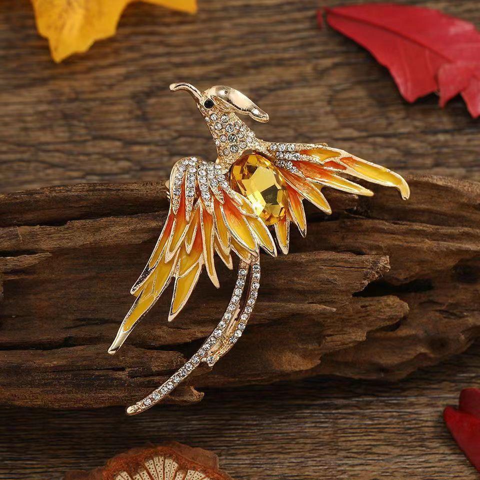 Elegant Phoenix Brooch with Rhinestones and Enamel - Colorful Long-tailed Pin Accessory