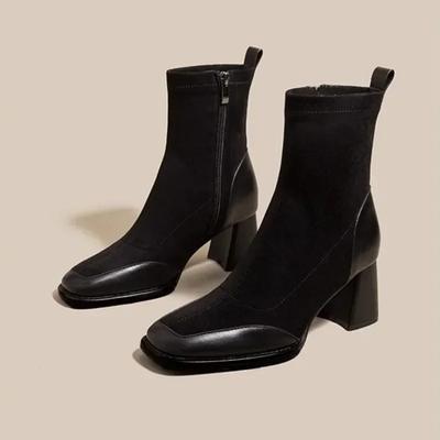 Женские ботинки, однотонная обувь с квадратным носком для женщин, трендовые уличные короткие ботинки-трубы на высоком каблуке с квадратным каблуком и молнией, Zapatos De Mujer