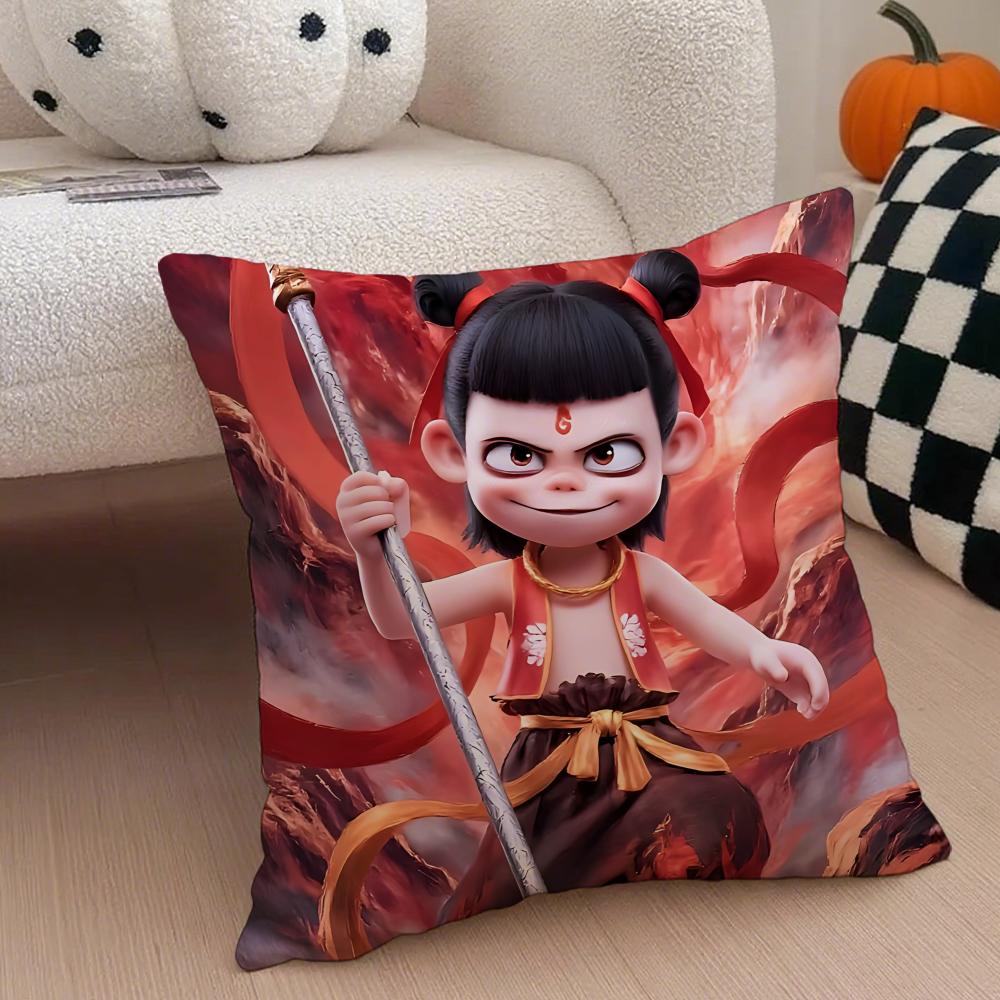 Chinese Style NNe Zha  Cushion Cover Throw Pillow Cover Hidden Button Durable Polyester Chair Cushion