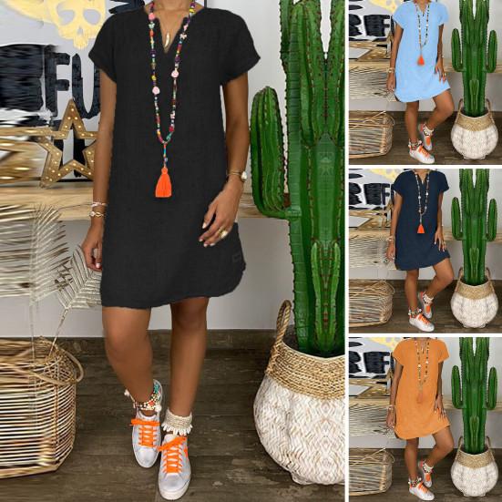 Летнее платье с V-образным вырезом и разрезом на подоле, свободное нерегулярное платье с короткими рукавами, сплошной цвет, пуловер длиной до колена, повседневная повседневная одежда, платье миди