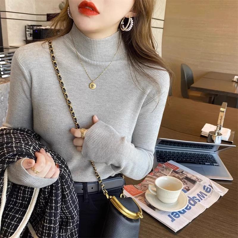 Maillard Wears Thickened Long-sleeved Knitted Bottoming Shirt for Women, New Half-high Collar, Slim and Versatile Top