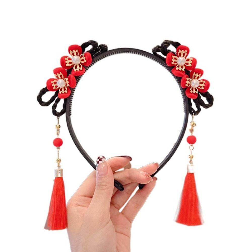 Красный парик ханьфу, повязка на голову с жемчугом, новогодний головной убор, традиционная повязка на голову с цветочной кисточкой для детей