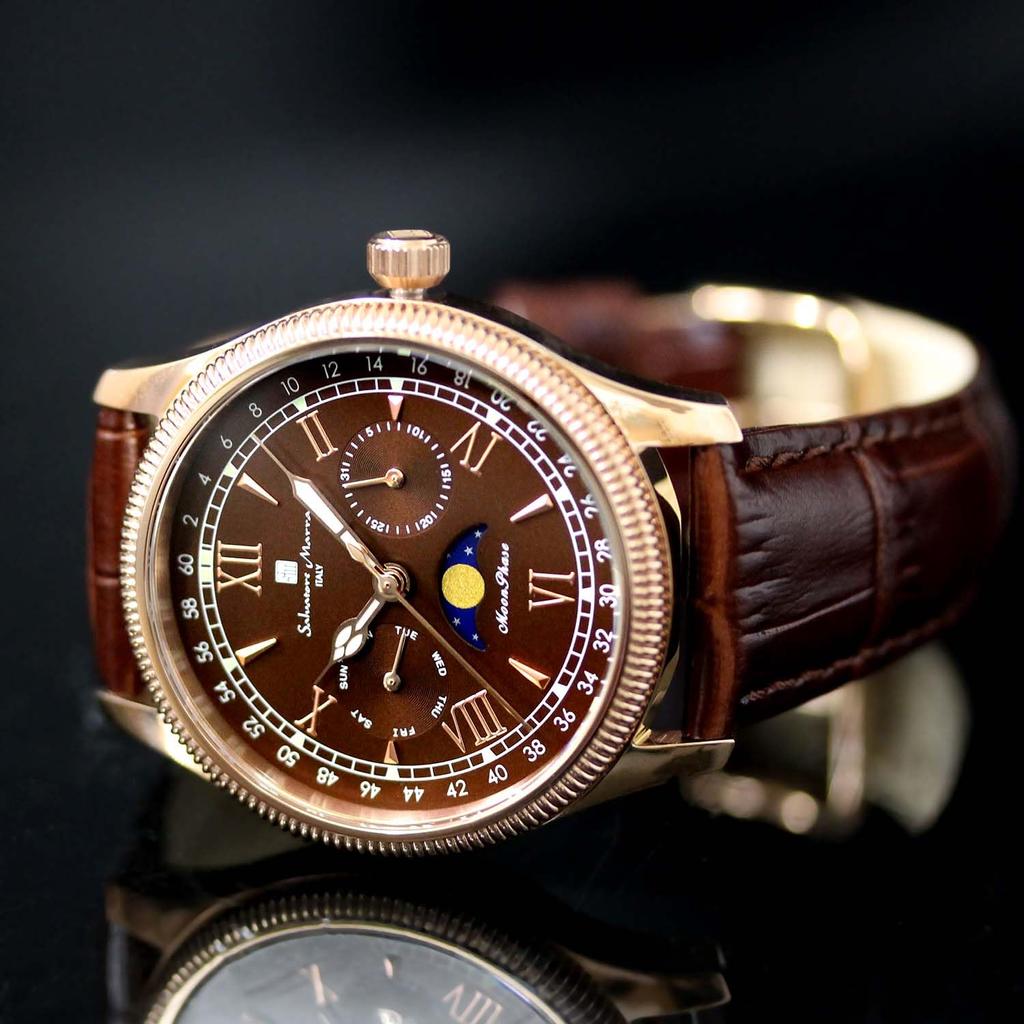 Watch Moon Phase Multi Calendar 5 ATM Water Resistant Business Formal Leather Belt Limited Model Pink Gold Brown [Salvatore Mara] Men's SM24110-PGBR