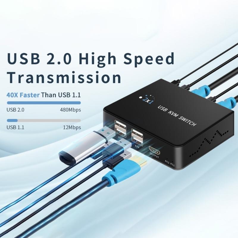 HDTV KVM Переключатель 2 входа 1 выход 4K 60 Гц Общий доступ к USB-клавиатуре и мыши Селектор-переключатель 4K 60 Гц Для ПК Ноутбука Офиса