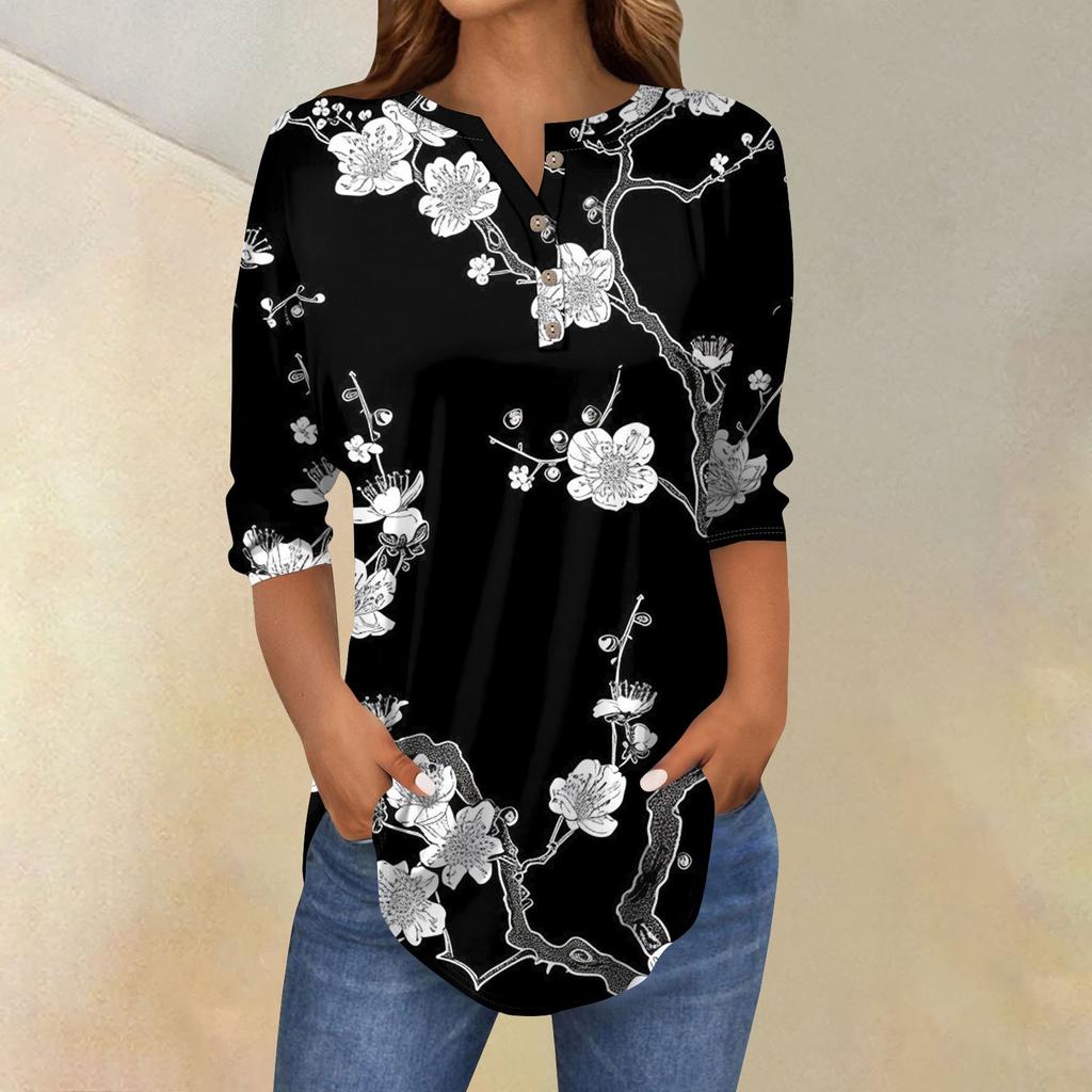 3/4 Length Sleeve Womens Tops Summer T-Shirts Floral Print V Neck Casual Basic Tee Button Shirts Tunic Tops