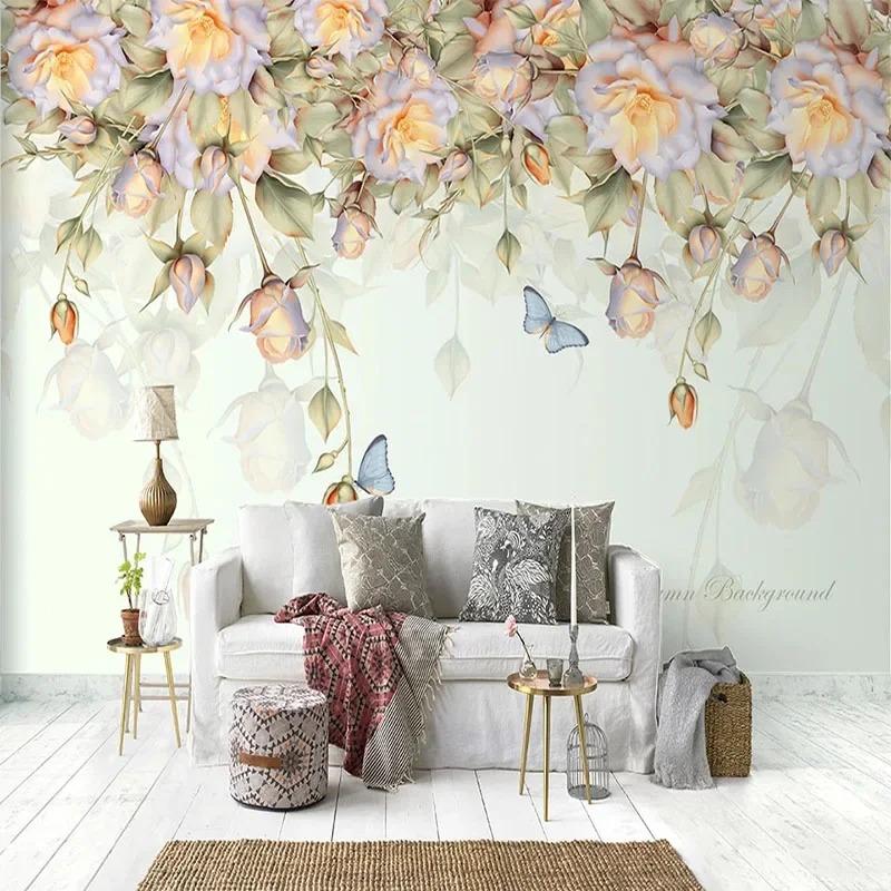 Обои Европейская ручная роспись маслом Роза Бабочка Фреска Гостиная Телевизор Диван Спальня Фреска