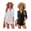 Women Beach Cover Up Lapel 45720 Sleeve Side Drawstring Pullover Tops