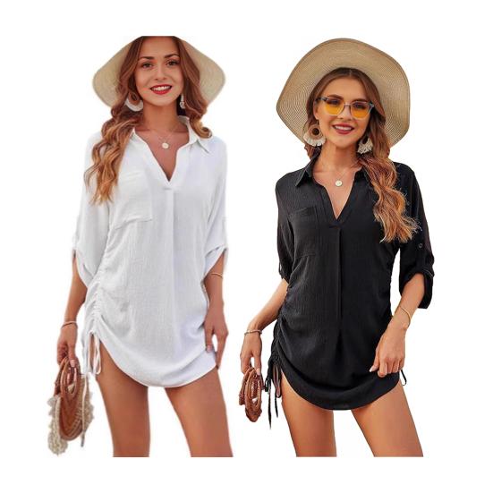 Women Beach Cover Up Lapel 45720 Sleeve Side Drawstring Pullover Tops