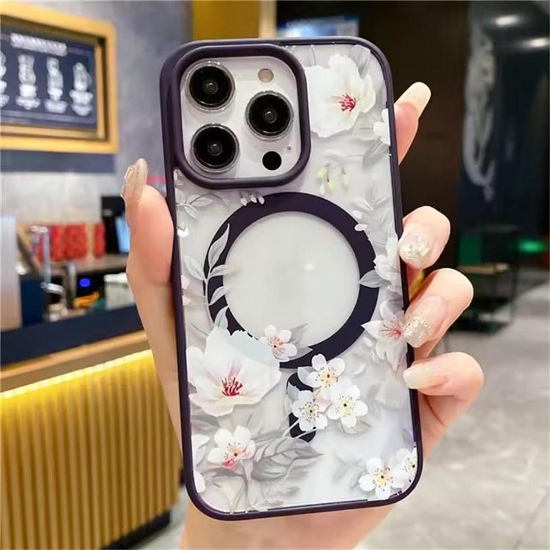 Fashion Flowers Floral Clear For Magsafe Magnetic Wireless Charging Case For iPhone 16 11 12 13 14 15 Pro Max Hard Bumper Cover