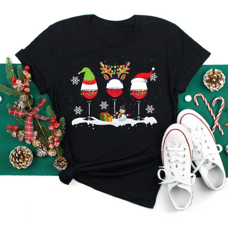 Cute Christmas Graphic T Shirt With Funny Wine Glass Snowman Santa Hat Elements Designs Stylish Casual Short Sleeve Tee