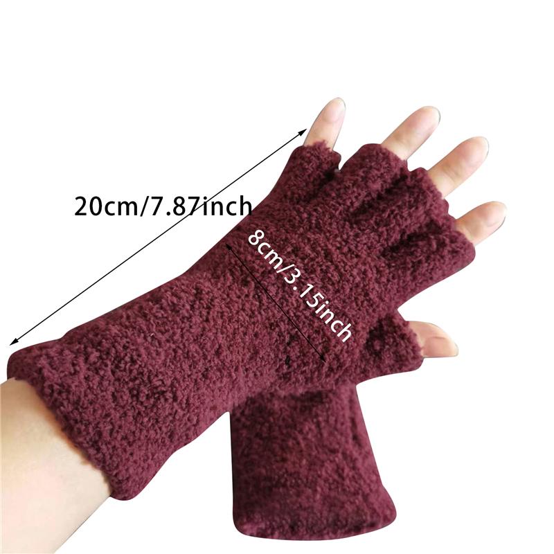 Женские и мужские перчатки из бархата кораллового цвета с длинными полупальцами, сохраняющие тепло, ребристые вязаные пушистые варежки, зимние однотонные перчатки без пальцев из мягкого плюша