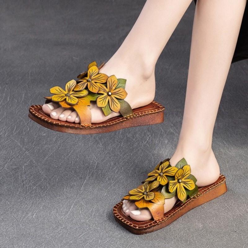 Johnature Дышащие тапочки из натуральной кожи на мягкой подошве на плоской подошве, шлепанцы с цветами в этническом стиле, универсальная женская обувь