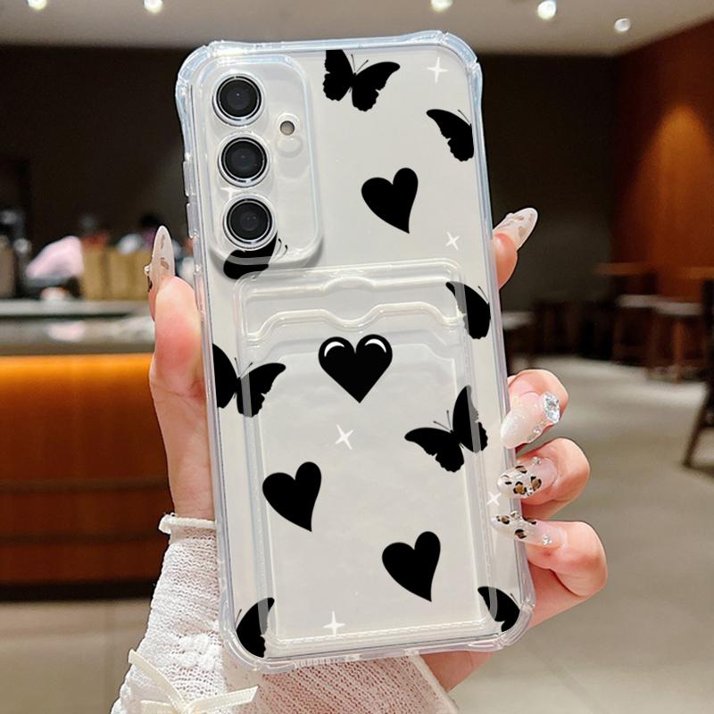 Прозрачный тонкий чехол с принтом в виде сердечек и бабочек для карт памяти для Samsung S24 FE S23 Ultra S22 A16 A55 A15 A54 A35 A14, противоударный мягкий силиконовый чехол для телефона
