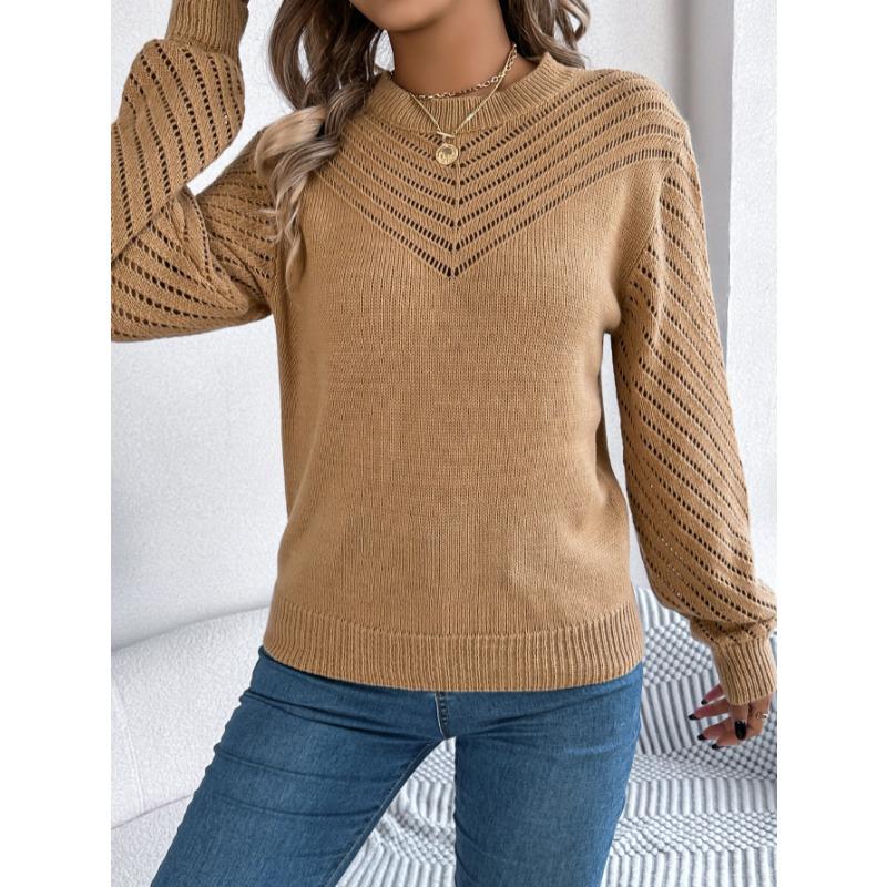 Elegant Round Neck Hollow Out Long Sleeve Pullover Sweater Women 2025 Fashion Sweet Autumn and Winter Casual Knitted Tops Solid Color Office Clothing