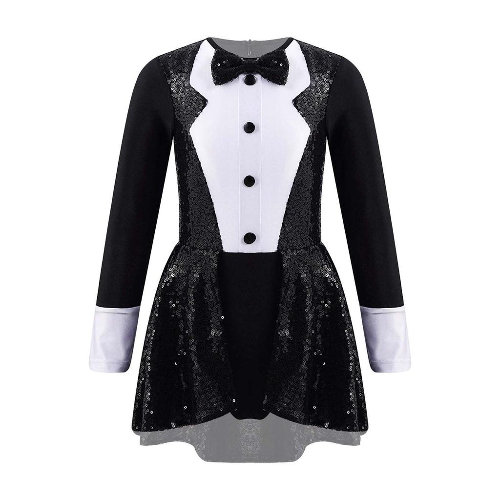 Девочки круглый вырез длинный рукав танцевальный купальник с блестками галстук-бабочка костюм для косплей выступления