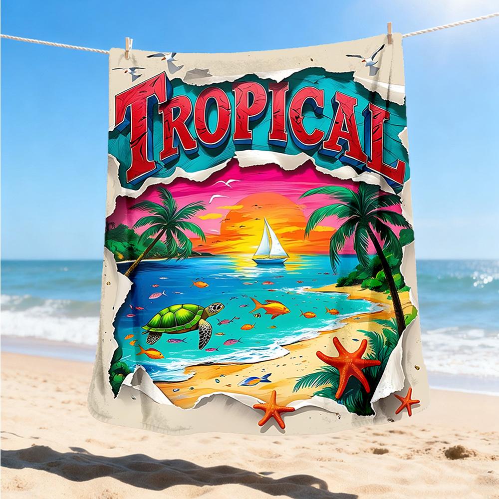 1pc Tropical Paradise Outdoor Flannel Blanket Soft All Season Polyester Throw , Perfect for Picnics & Travel , Picnic Accessory
