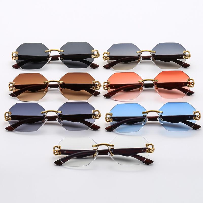Trendy Unisex Polygonal Frameless Gradient Sunglasses Retro Wood Grain Leopard Leg Square Driving Glasses