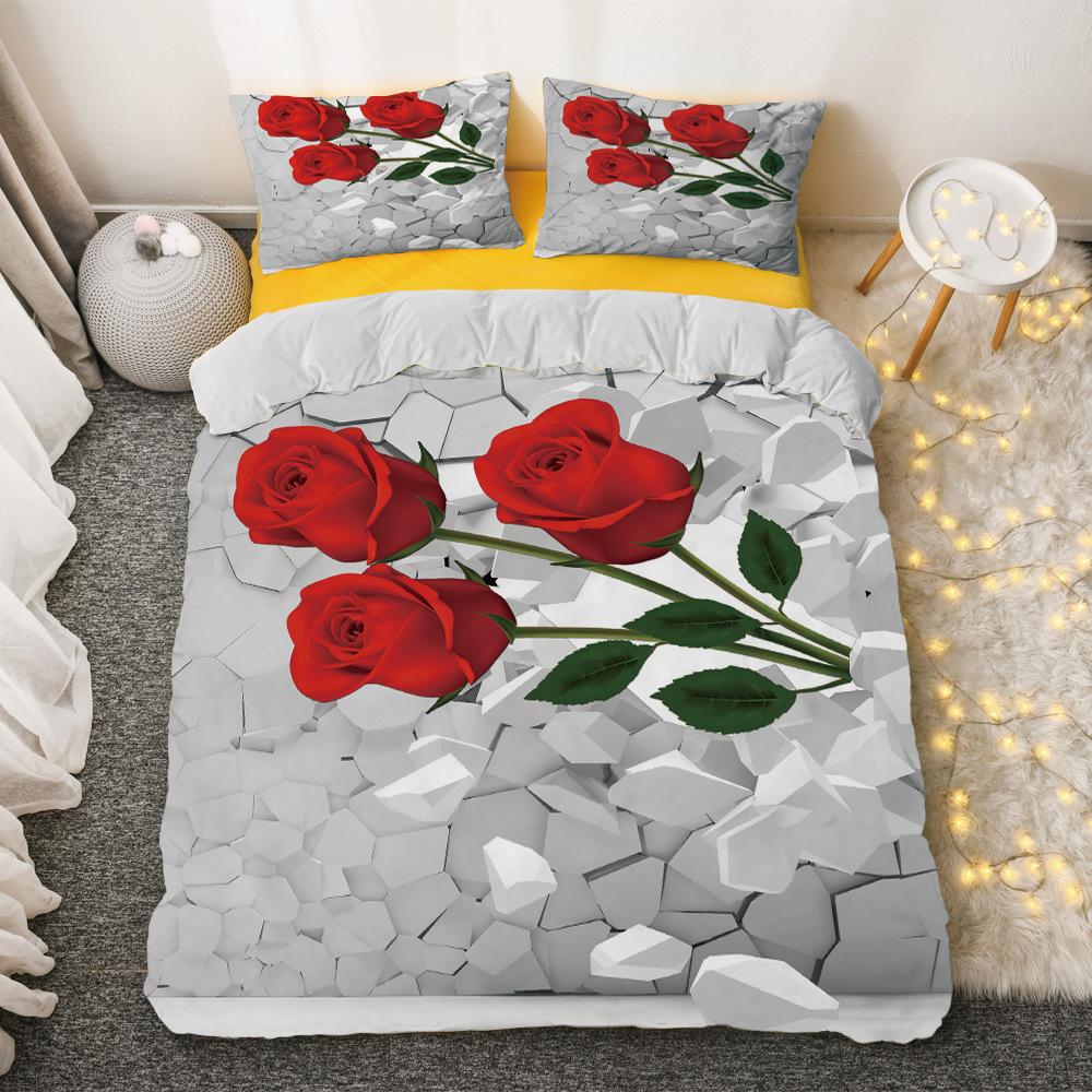 Red Rose King Queen Duvet Cover Romantic Flowers Bedding Set For Kids Teens Adults Girly 3D Floral Black Soft 2/3pcs Quilt Cover