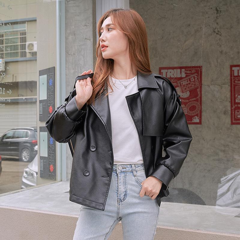 Кожаная женская осенняя байкерская одежда, женская кожаная куртка с отворотом, женская кожаная куртка