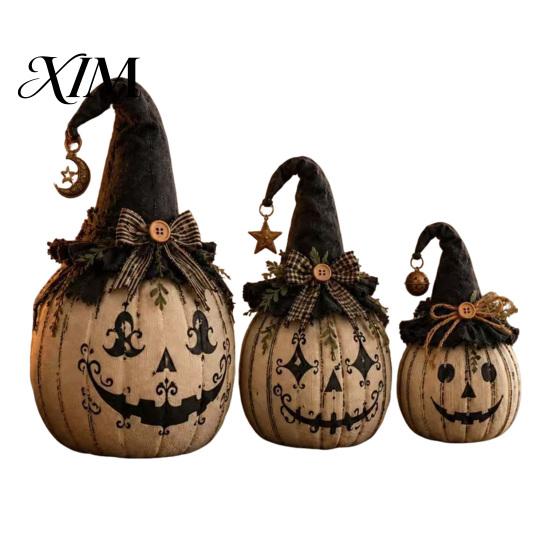 Rustic Fabric Pumpkins Halloween Pumpkin Decoration with Wizard Hat, Vintage Resin Witch Figurine Farmhouse Style Fall Ornaments Bow, Tabletop