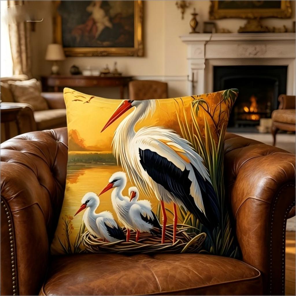 Stork Family Wildlife Print Throw Pillow Cover, Sunset Wetland Bird Art Decorative Cushion For Living Room Bedroom Sofa Couch